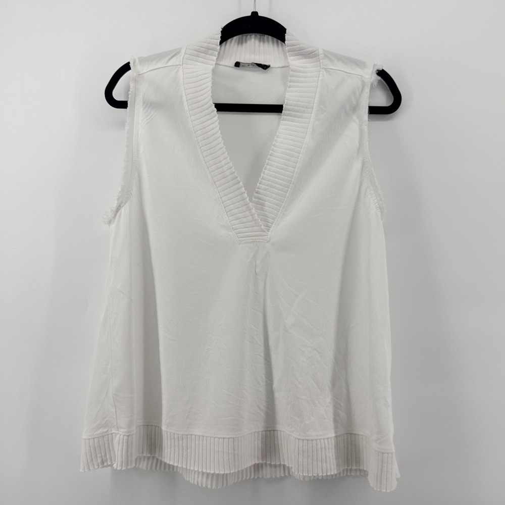 Maven West White Sleeveless Top Ribbed Trim V Neck Frayed Edges Women's Large